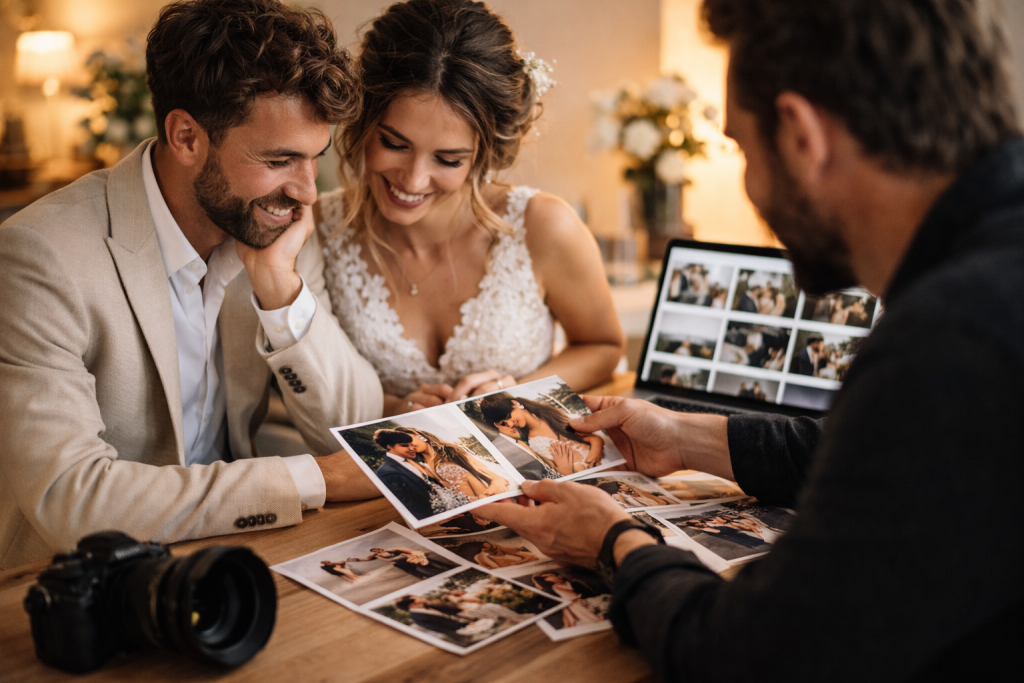 Couple de futurs mariés à Rennes consultant un portfolio pour choisir un photographe de mariage dont le style leur correspond.
