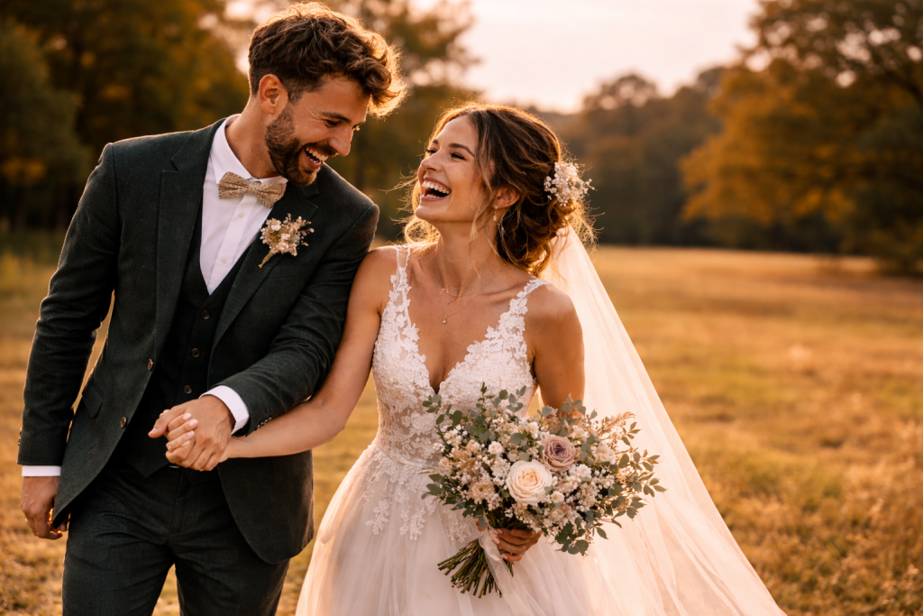 Couple de mariés naturel et détendu devant l’objectif pendant une séance photo de mariage à Rennes.