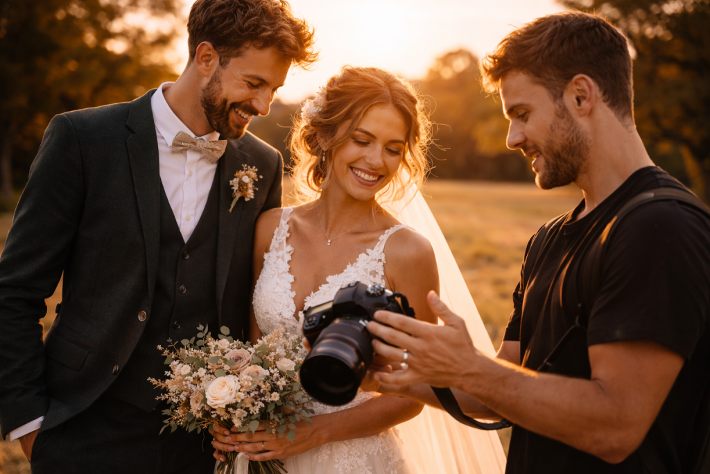 Couple de mariés faisant confiance à leur photographe pendant une séance photo de mariage à Rennes.